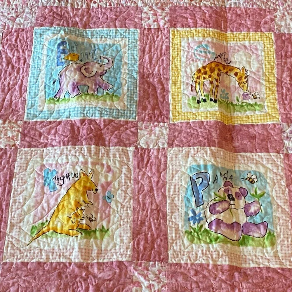 Vintage Handmade Baby Quilt Blanket Animal & Letter Squares Multipurpose 31x39